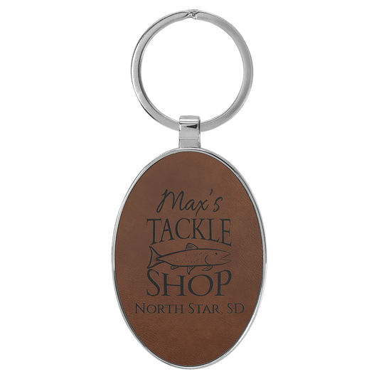 Dark Brown 3" x 1 3/4" Laserable Leatherette/Metal Oval Keychain