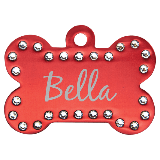 Red 1 1/2" x 1" Laserable Anodized Aluminum Swarovski Bling Bone with Tab