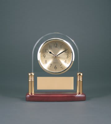 6 1/2" Arch Glass Desk Clock with Metal Posts & Rosewood Piano Finish