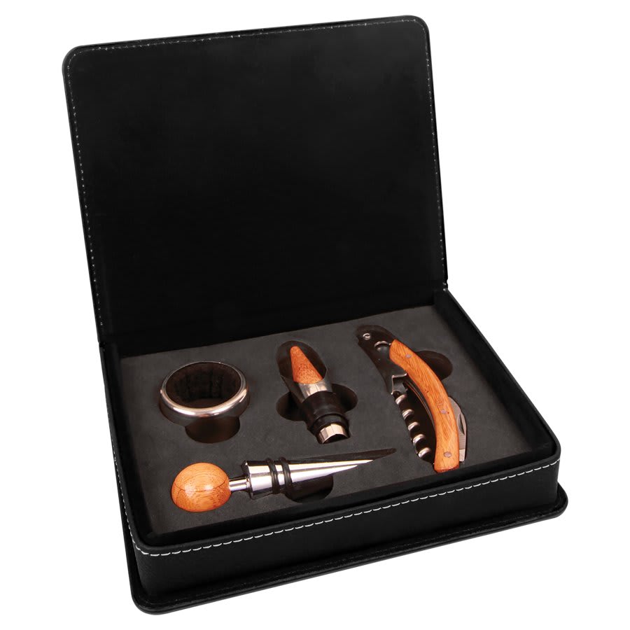 Black/Silver Laserable Leatherette 4-Piece Wine Tool Set
