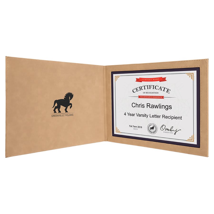 9" x 12" Light Brown Laserable Leatherette Certificate Holder for 8 1/2" x 11