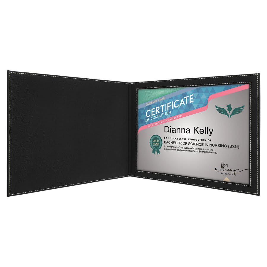 Black/Silver 9" x 12" Laserable Leatherette Certificate Holder for 8 1/2" x 11"
