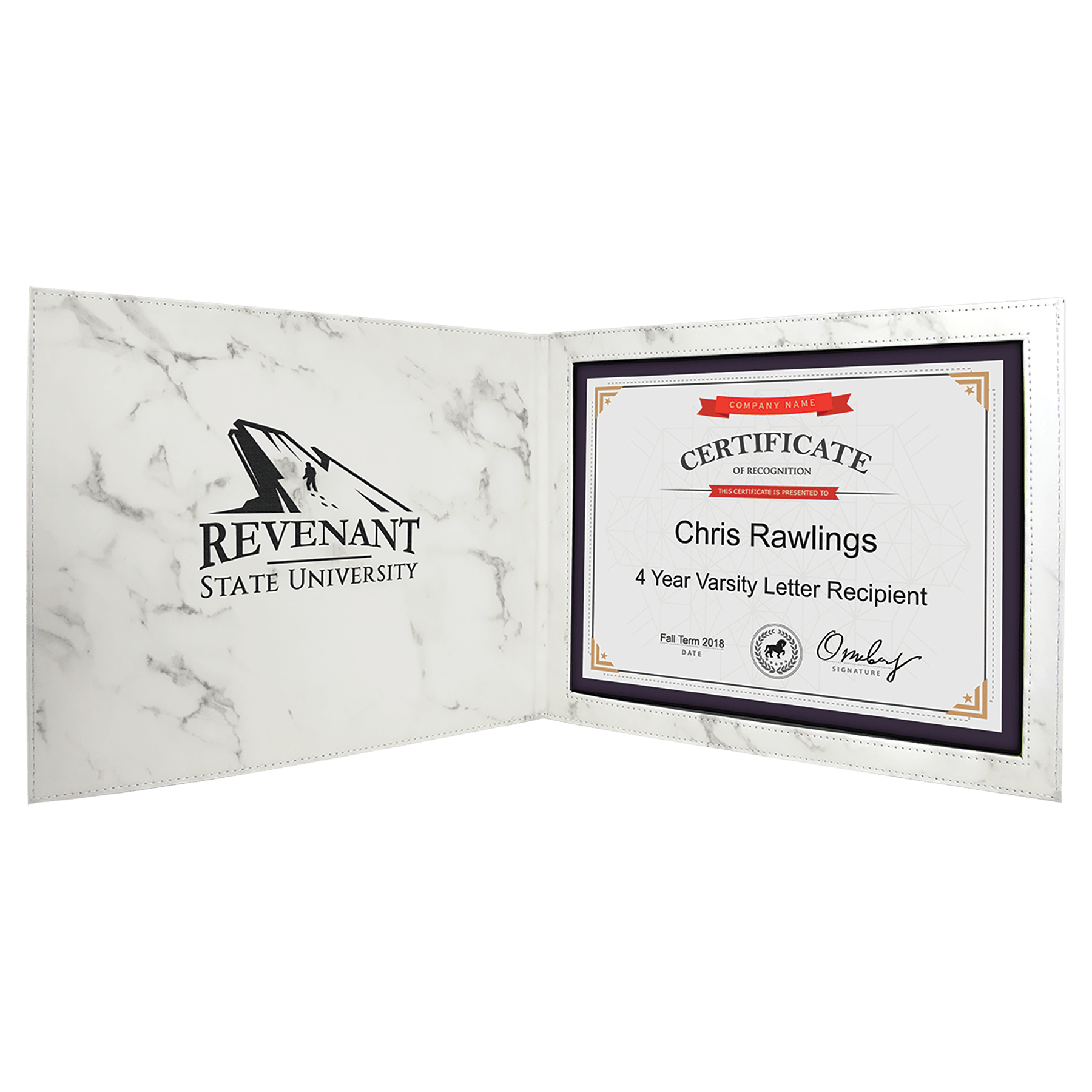 White Marble 9" x 12" Laserable Leatherette Certificate Holder for 8 1/2" x 11"