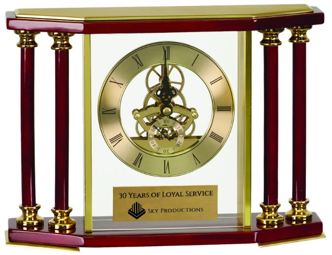 Gold 7 1/4" Executive 4-Pillar & Rosewood Piano Finish Clock