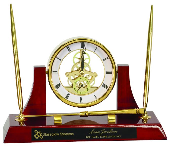 Gold 10 1/2" x 6" Executive/Rosewood Piano Finish Clock w/2 Pens/Letter Opener