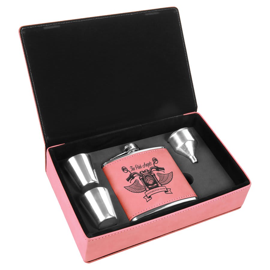 Pink 6 oz. Laserable Leatherette Flask Gift Set
