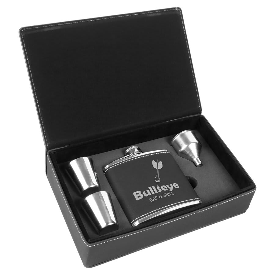 Black/Silver 6 oz. Laserable Leatherette Flask Gift Set