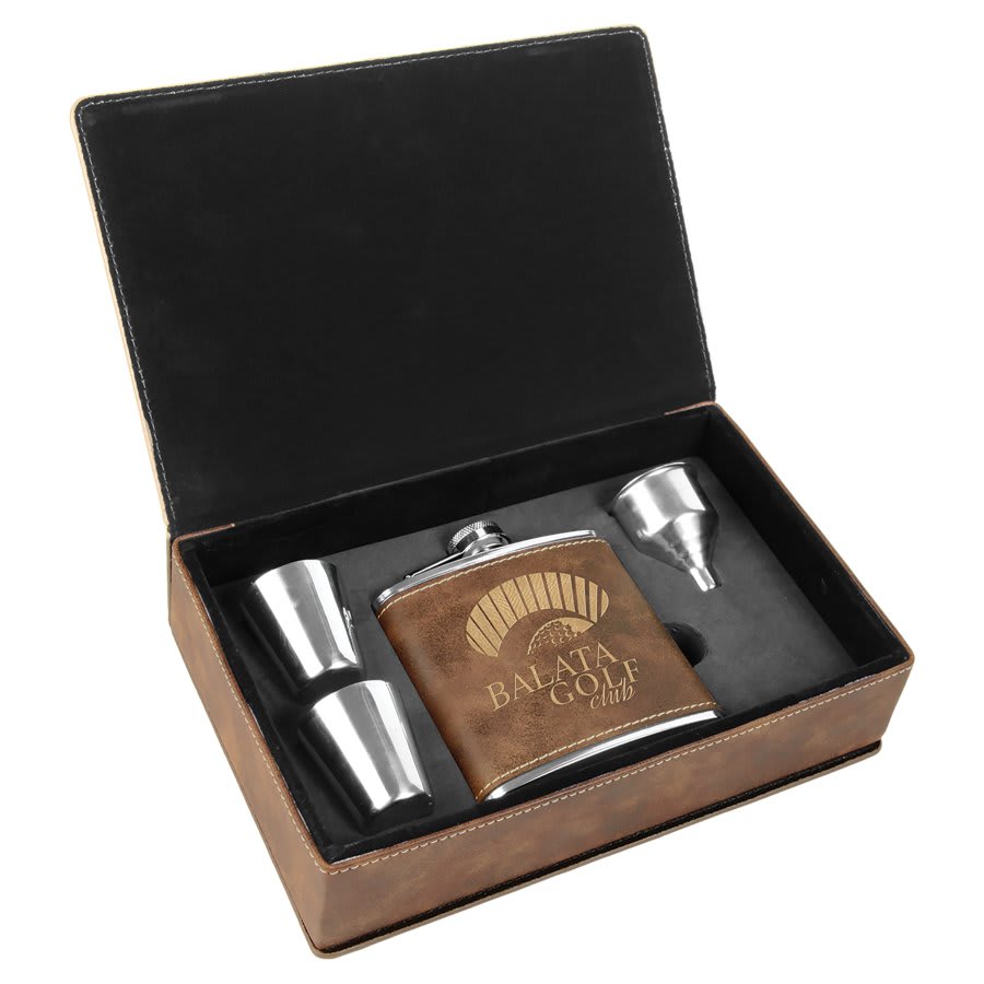 Rustic/Gold 6 oz. Laserable Leatherette Flask Gift Set