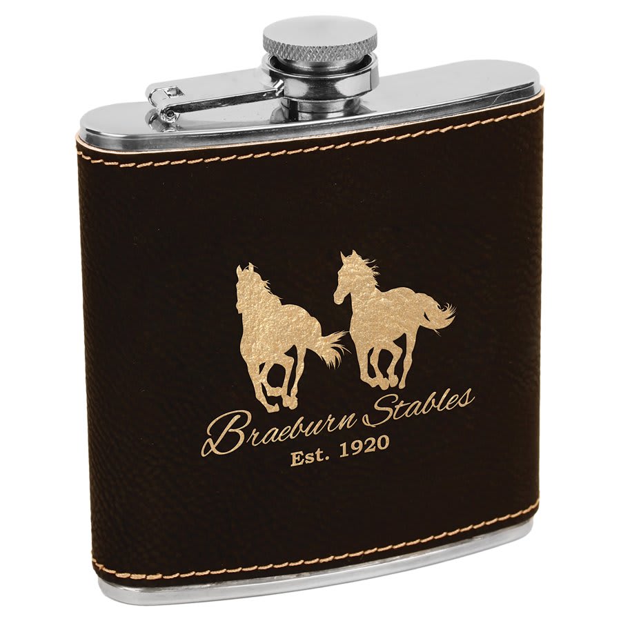 Black/Gold Laserable Leatherette Stainless Steel 6 oz. Flask