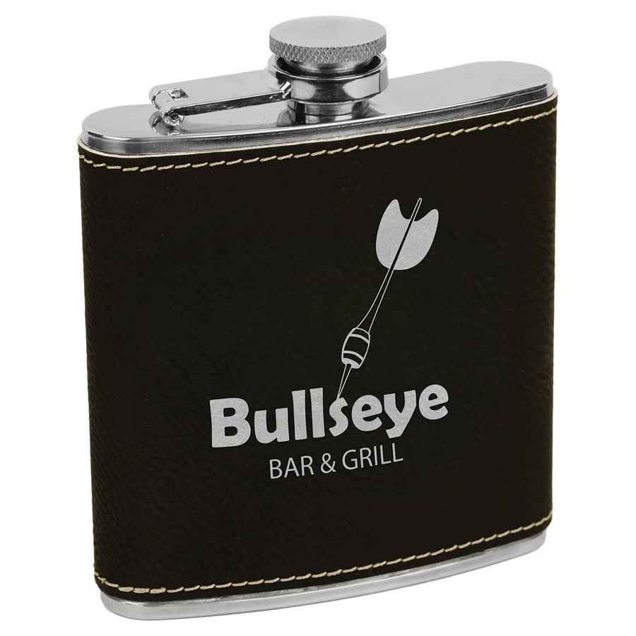 Black/Silver Laserable Leatherette Stainless Steel 6 oz. Flask