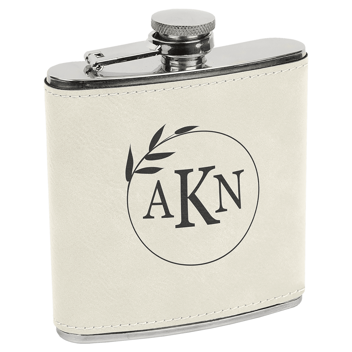 White/Black Laserable Leatherette Stainless Steel 6 oz. Flask