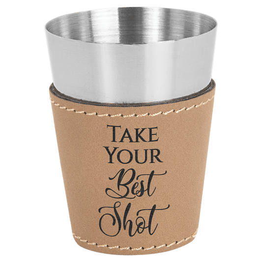 Light Brown Laserable Leatherette & Stainless Steel 2 oz. Shot Glass