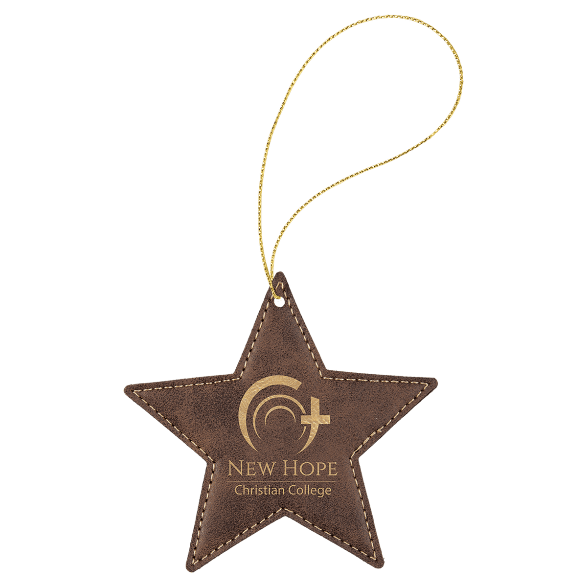 Rustic/Gold Laserable Leatherette Star Ornament with Gold String