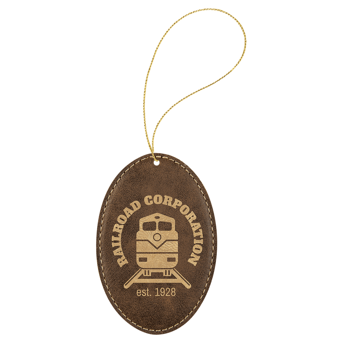Rustic/Gold Laserable Leatherette Oval Ornament with Gold String