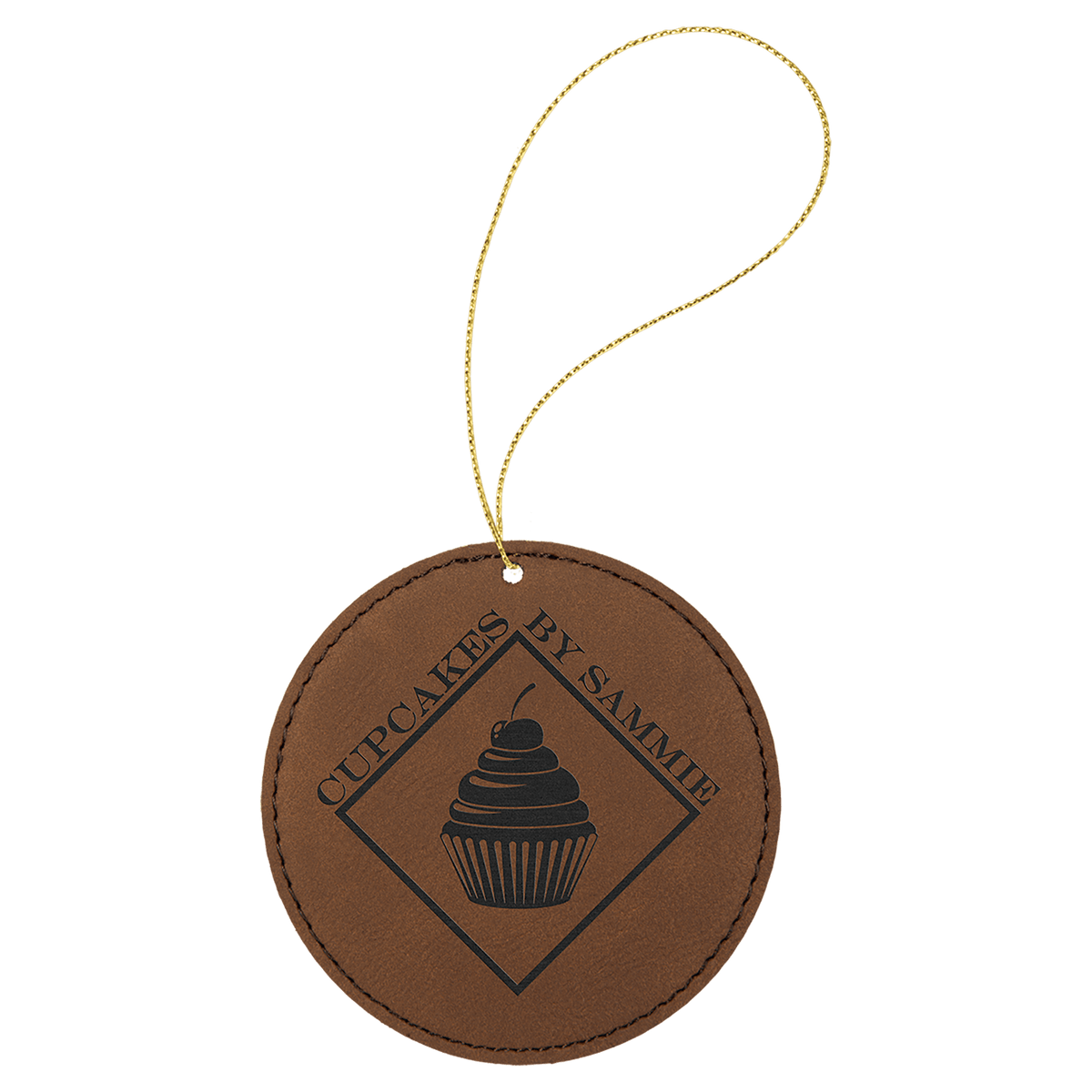 Dark Brown Laserable Leatherette Round Ornament with Gold String