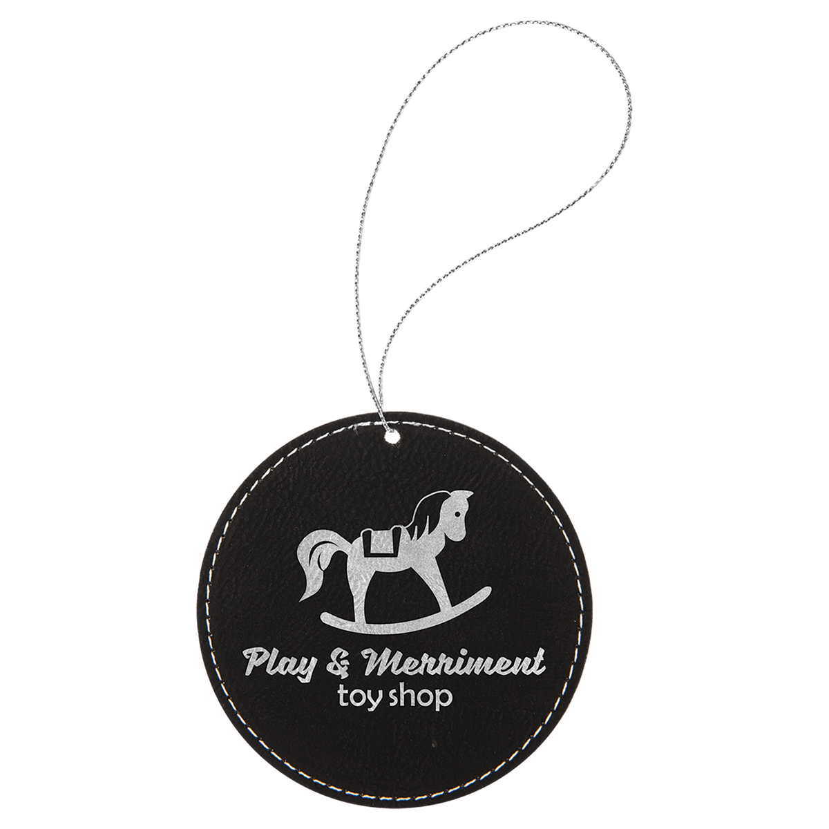 Black/Silver Laserable Leatherette Round Ornament with Silver String