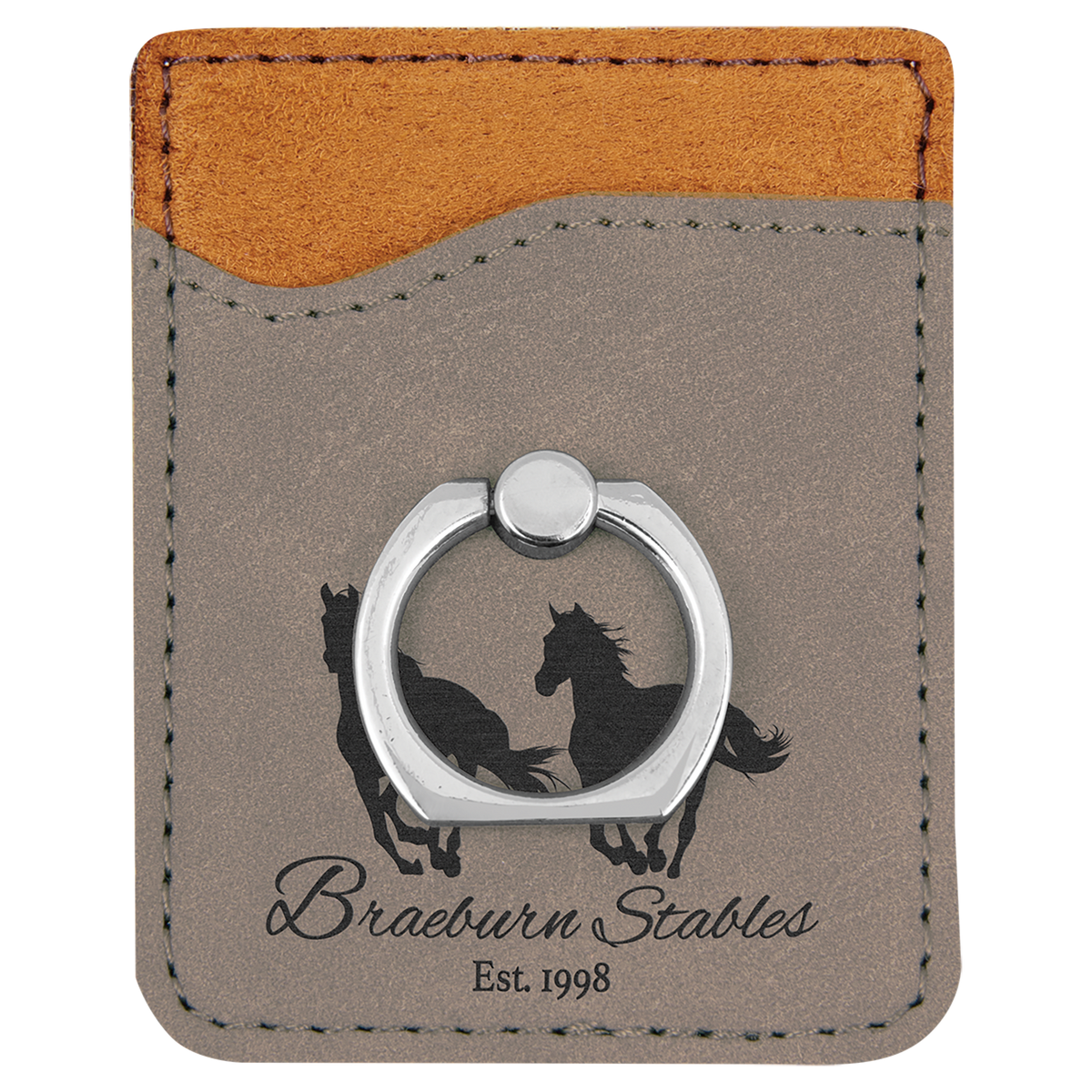 Gray Laserable Leatherette Phone Wallet with Silver Phone Wallet with Silver Ring