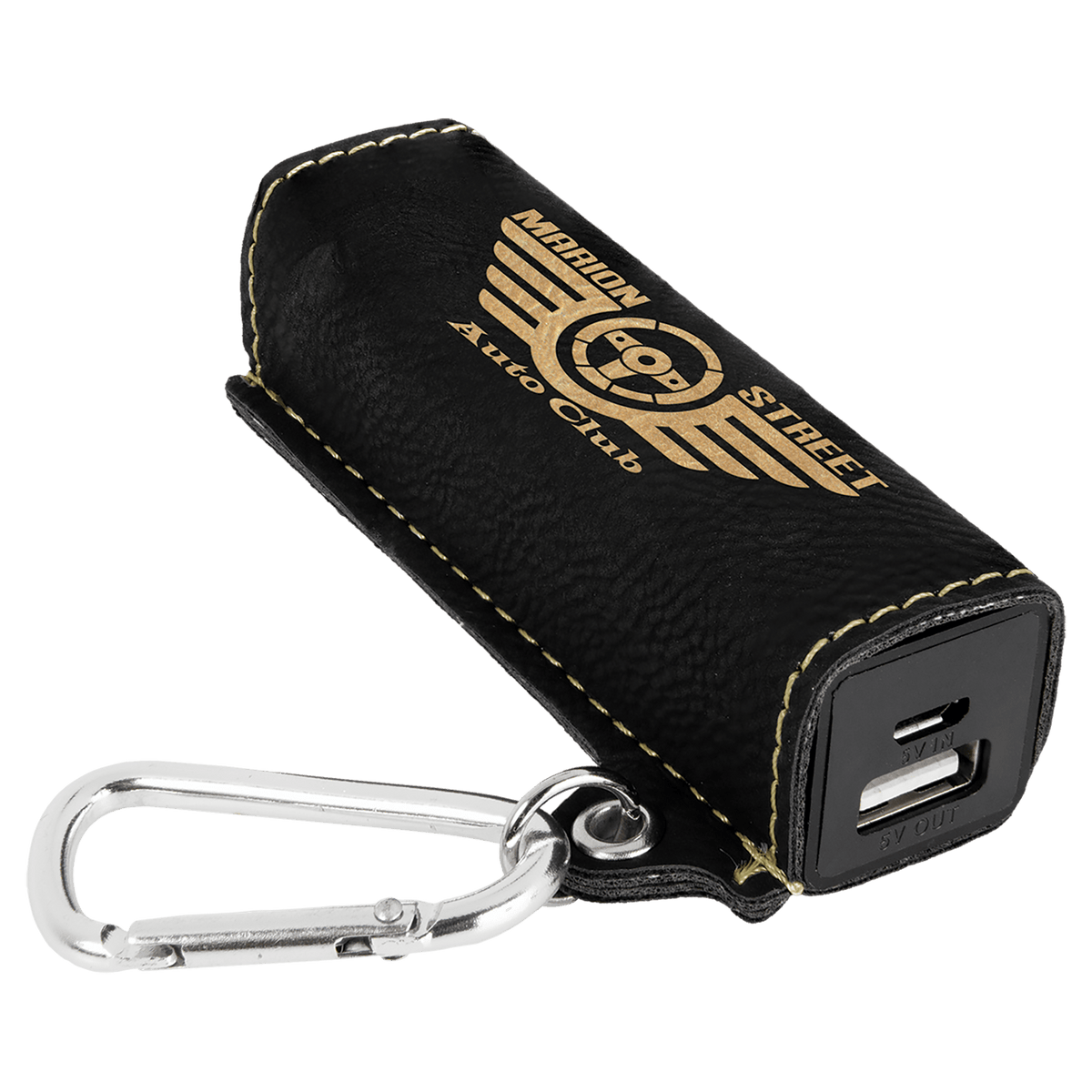 Black/Gold Laserable Leatherette 2200 mAh Power Bank with USB Cord