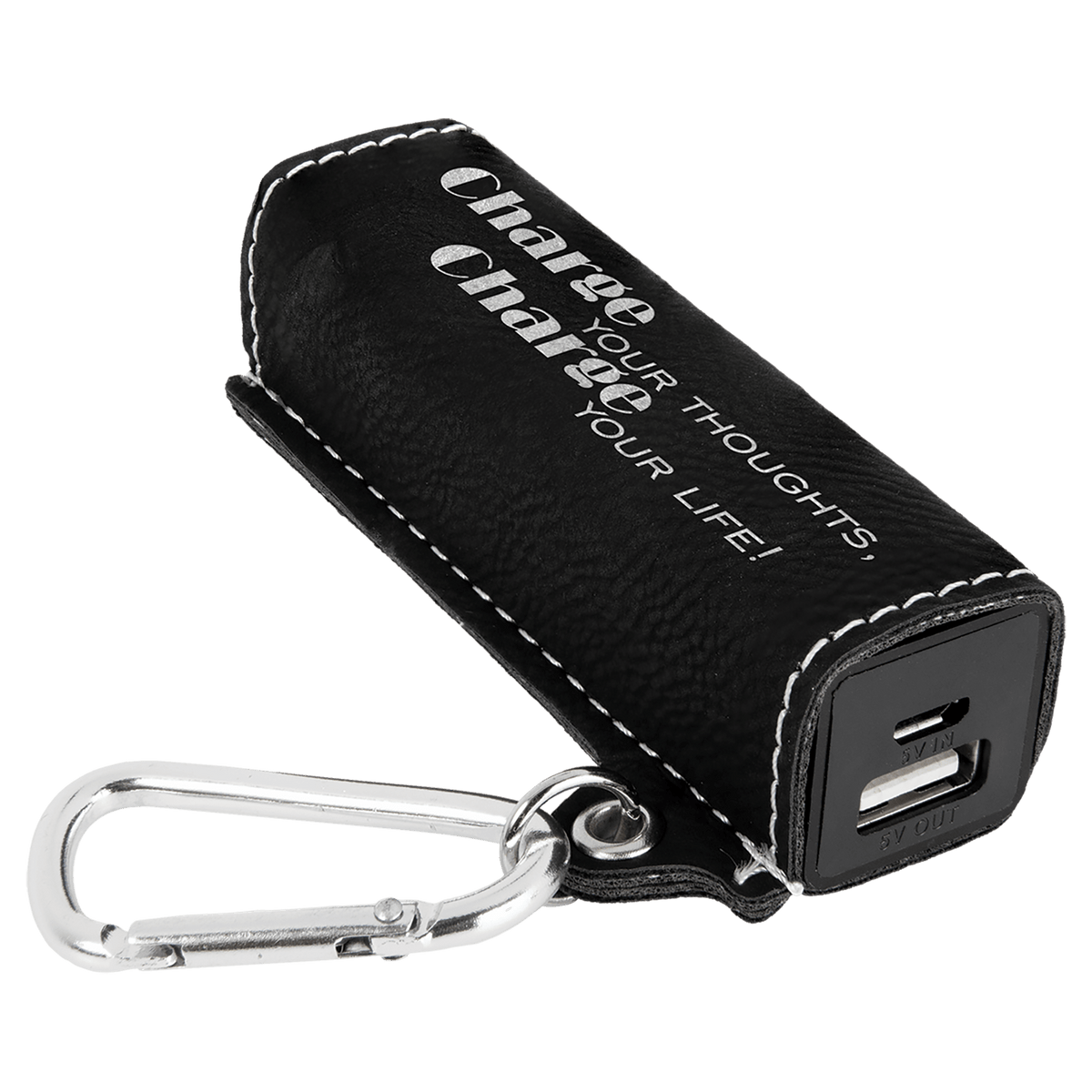 Black/Silver Laserable Leatherette 2200 mAh Power Bank with USB Cord