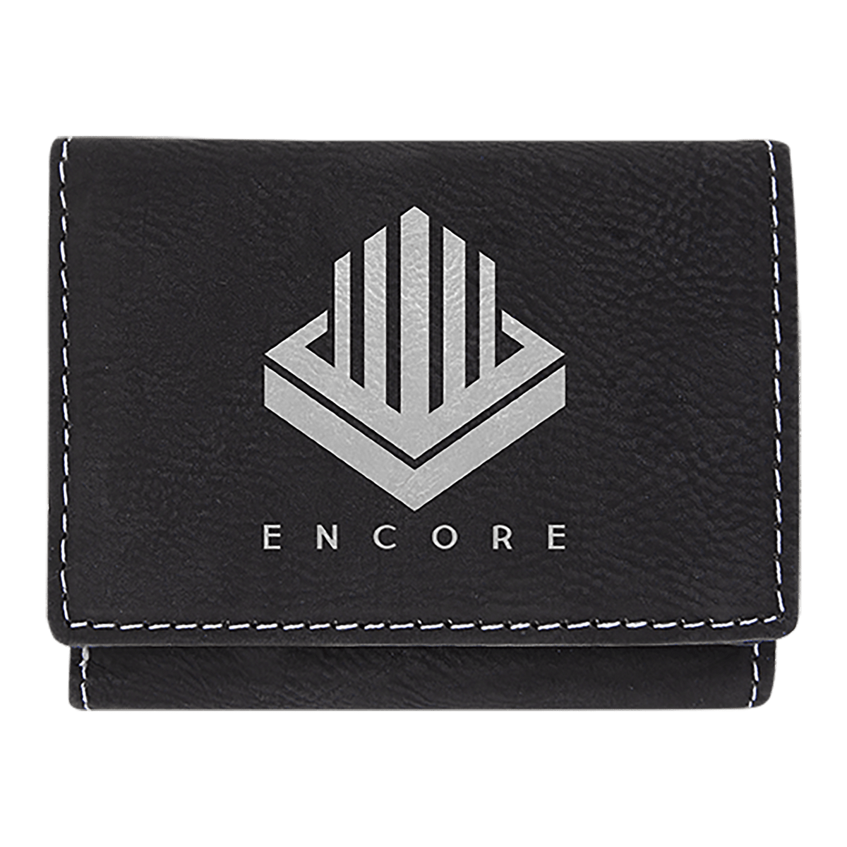 Black/Silver 3" x 4" Laserable Leatherette Trifold Wallet