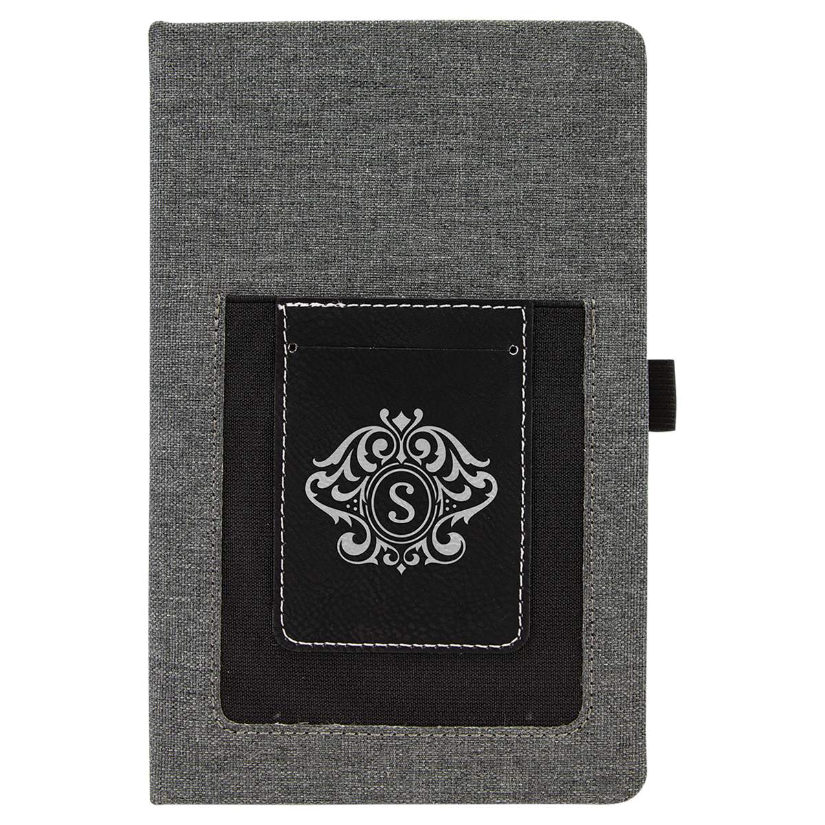 Gray w/Black 5 1/4" x 8 1/4" Laserable Leatherette Journal with Cell/Card Slot