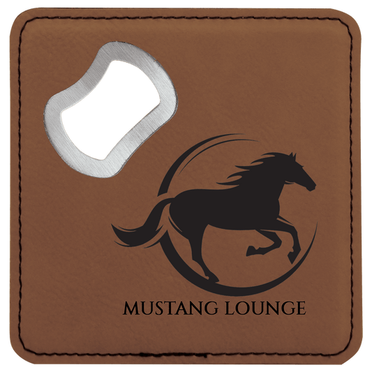 Dark Brown 4" x 4" Square Laserable Leatherette Coaster with Bottle Opener
