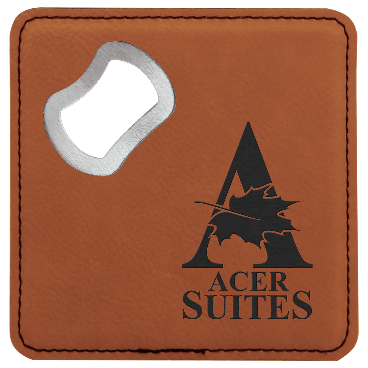 Rawhide 4" x 4" Square Laserable Leatherette Coaster with Bottle Opener