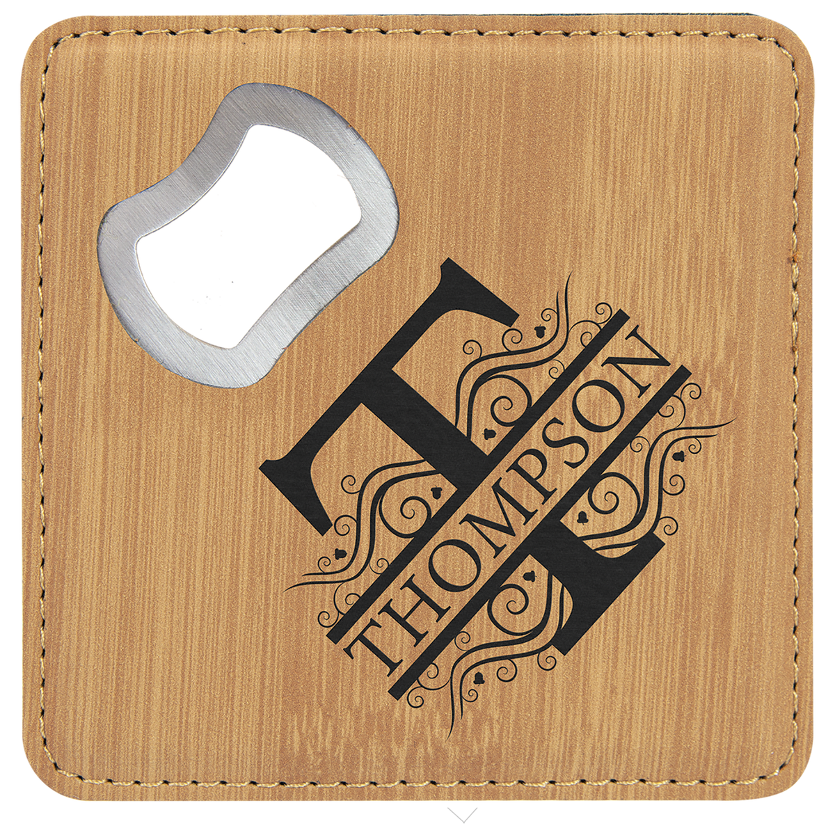 Bamboo 4" x 4" Square Laserable Leatherette Coaster with Bottle Opener
