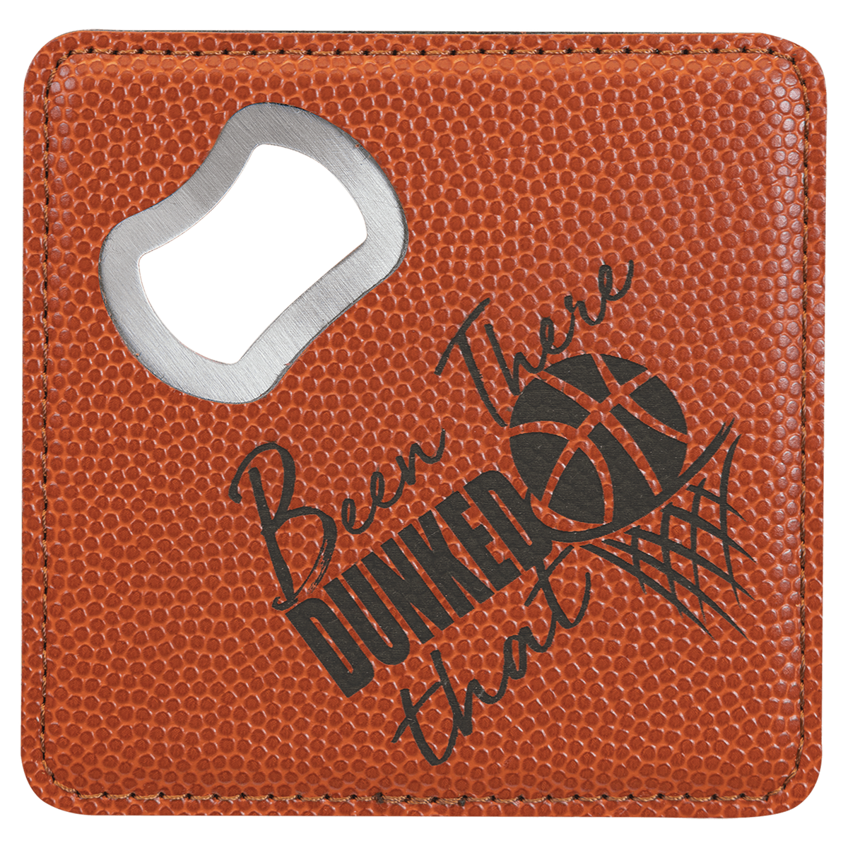 Basketball 4" x 4" Square Laserable Leatherette Coaster with Bottle Opener