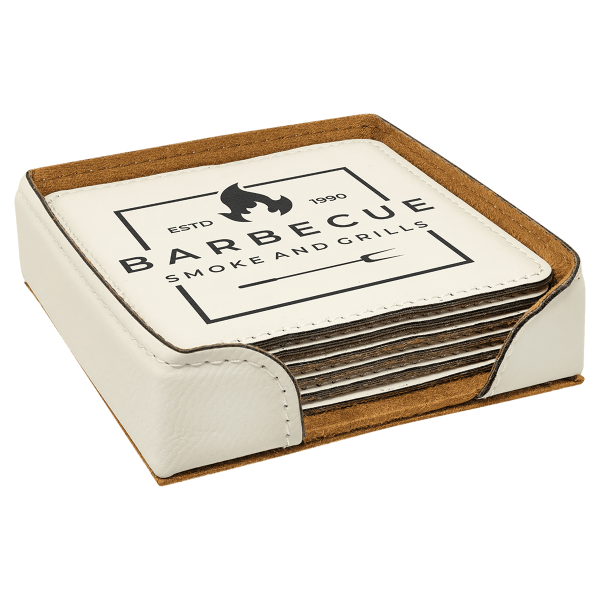 White 4" x 4" Square Laserable Leatherette 6-Coaster Set