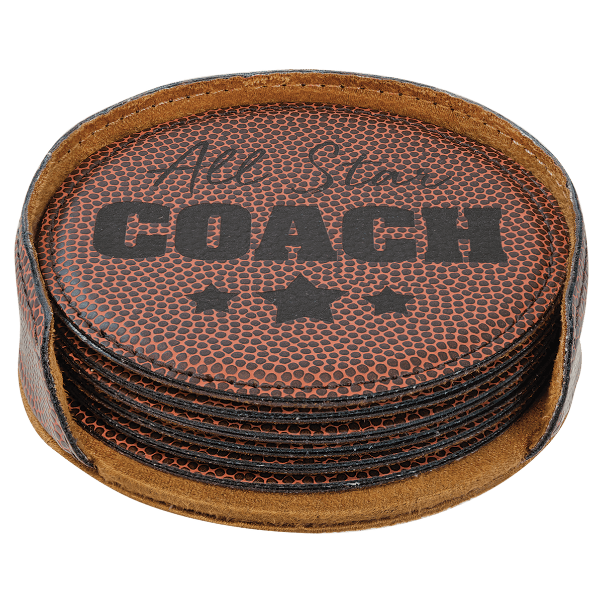 Football 4" Round Laserable Leatherette 6-Coaster Set