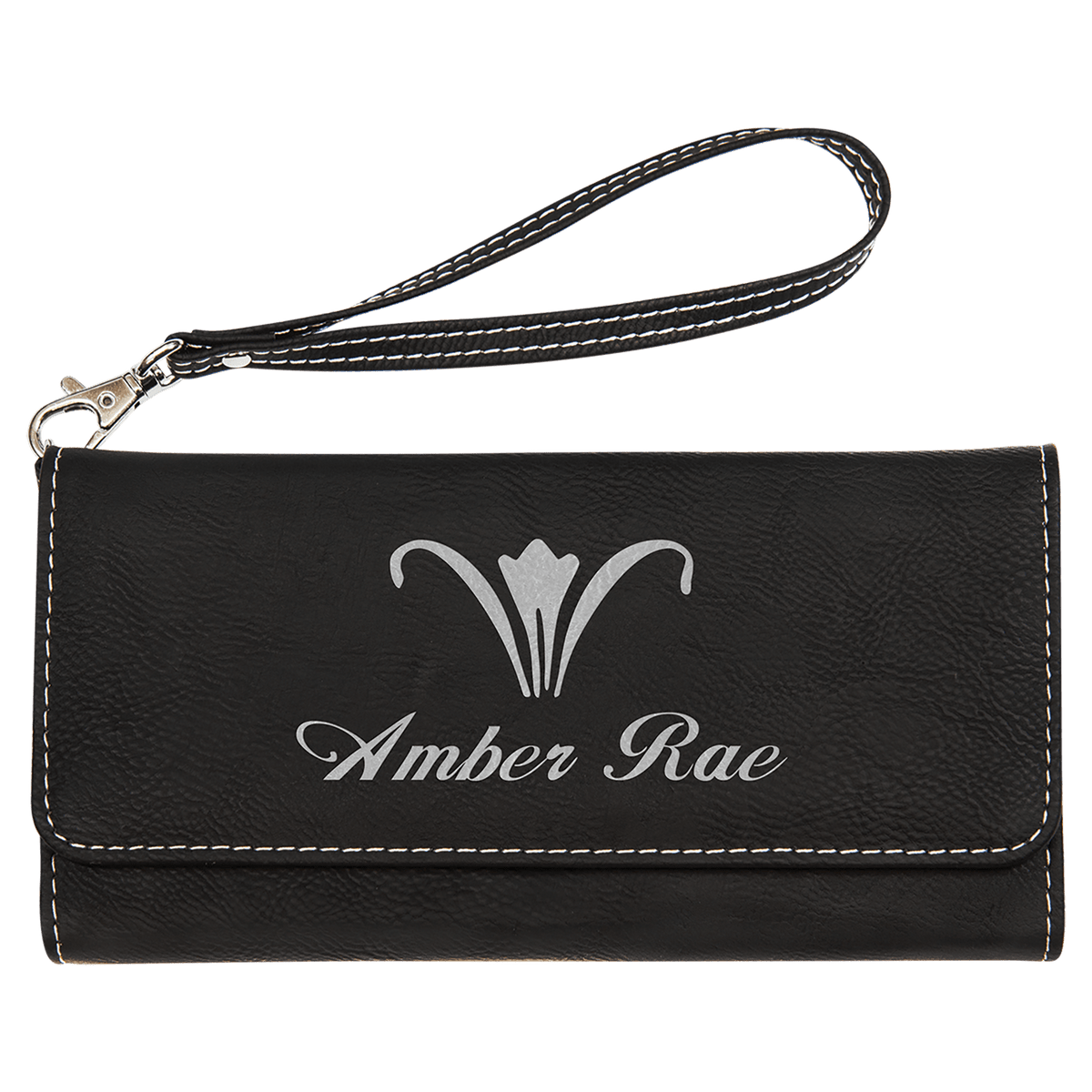 Black/Silver 7 1/2" x 4" Laserable Leatherette Wallet with Strap