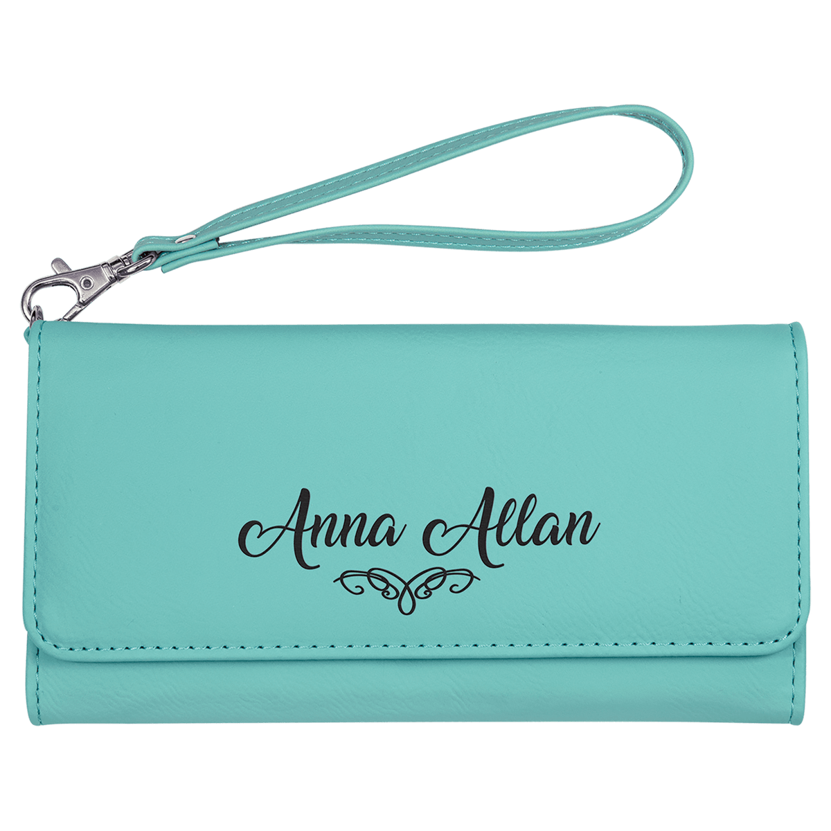 Teal 7 1/2" x 4" Laserable Leatherette Wallet with Strap