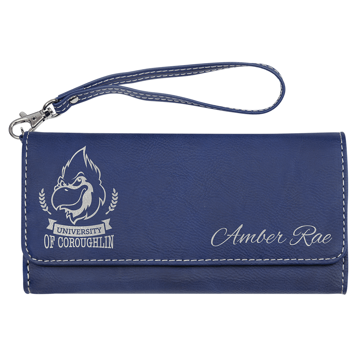 Blue/Silver 7 1/2" x 4" Laserable Leatherette Wallet with Strap