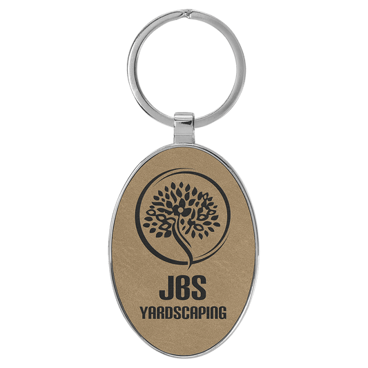 Light Brown 3" x 1 3/4" Laserable Leatherette/Metal Oval Keychain
