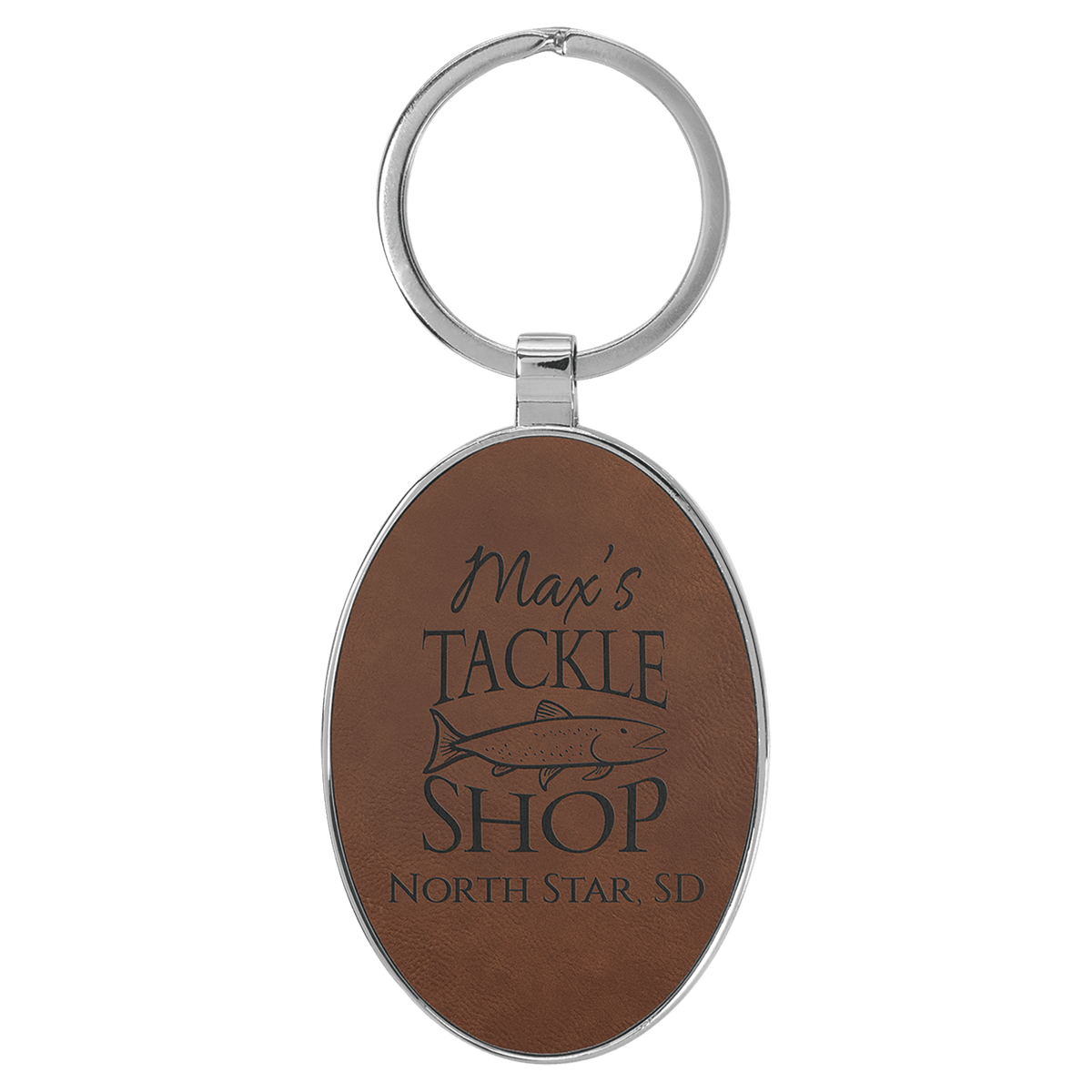 Dark Brown 3" x 1 3/4" Laserable Leatherette/Metal Oval Keychain