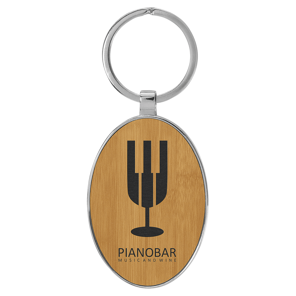 Bamboo 3" x 1 3/4" Laserable Leatherette/Metal Oval Keychain