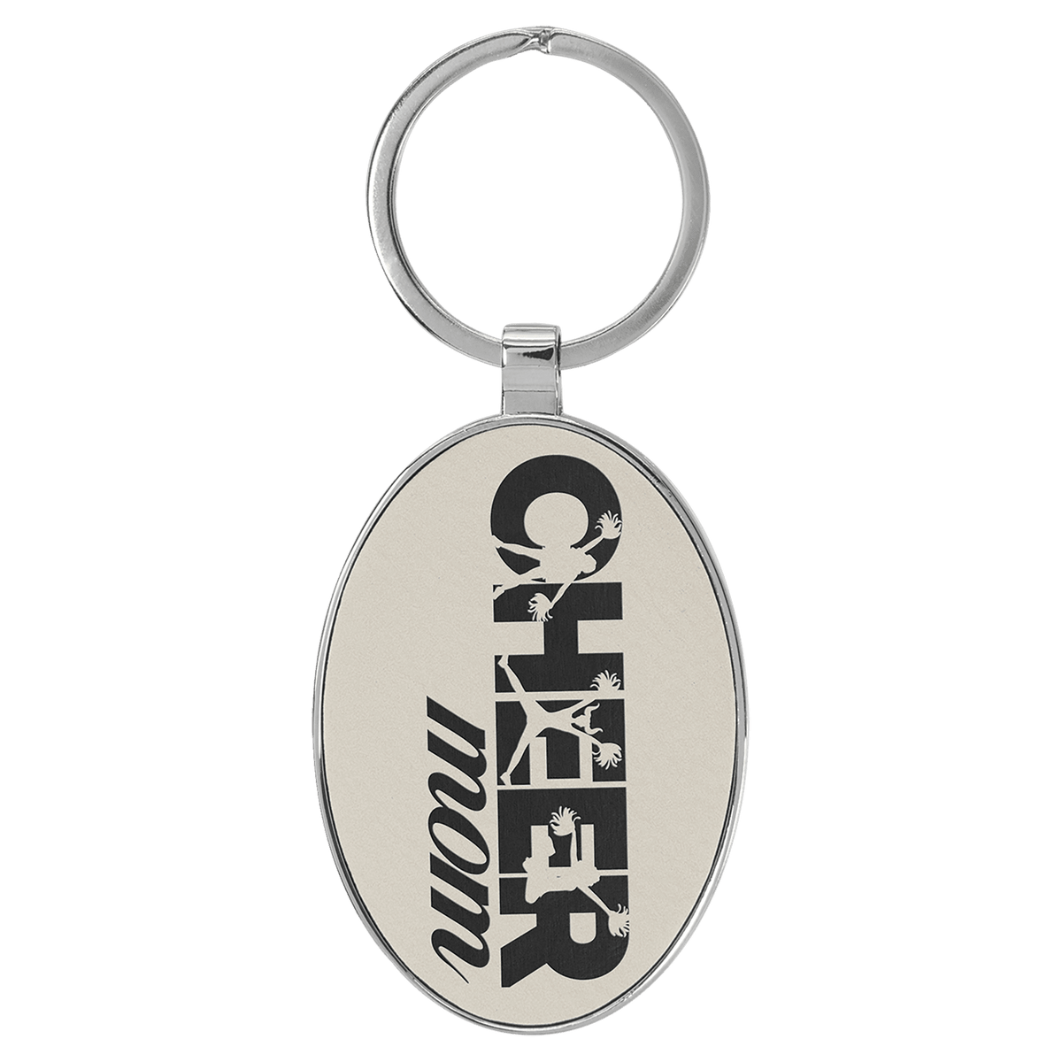 White/Black 3" x 1 3/4" Laserable Leatherette/Metal Oval Keychain