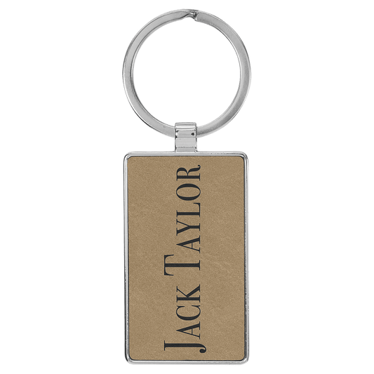 Light Brown 2 3/4" x 1 1/4" Laserable Leatherette/Metal Rectangle Keychain