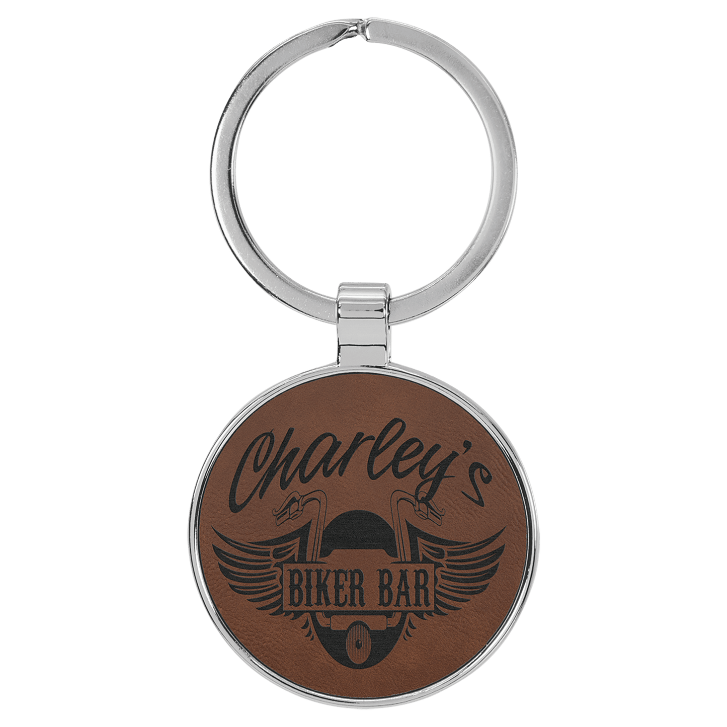 Dark Brown 1 1/2" Laserable Leatherette/Metal Round Keychain