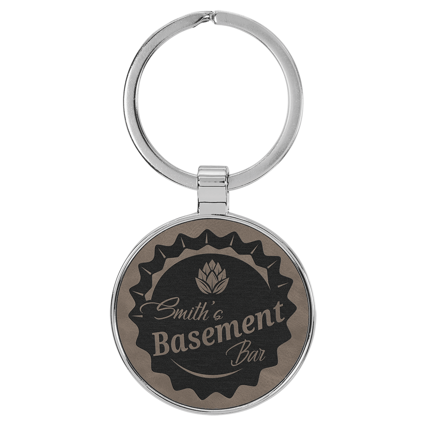 Gray 1 1/2" Laserable Leatherette/Metal Round Keychain