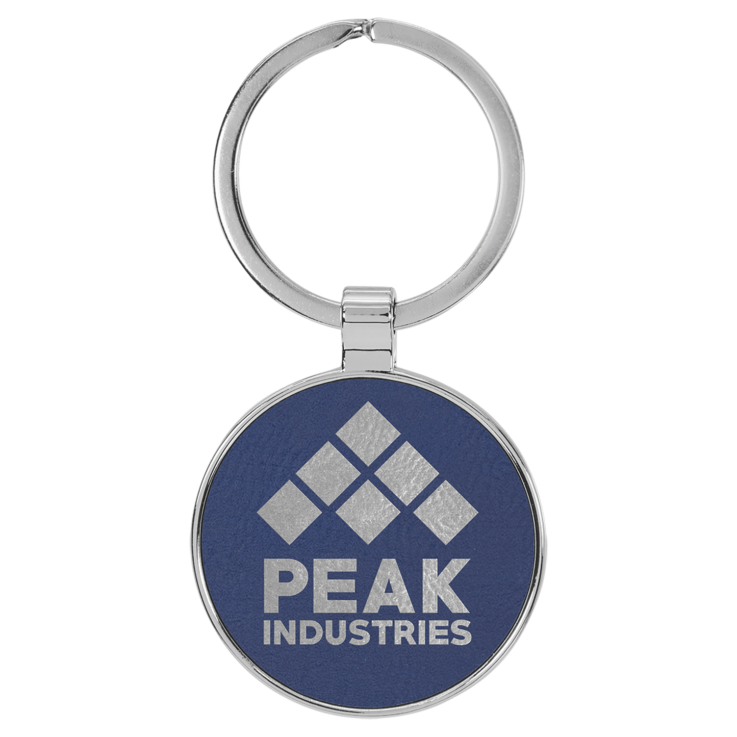 Blue/Silver 1 1/2" Laserable Leatherette/Metal Round Keychain