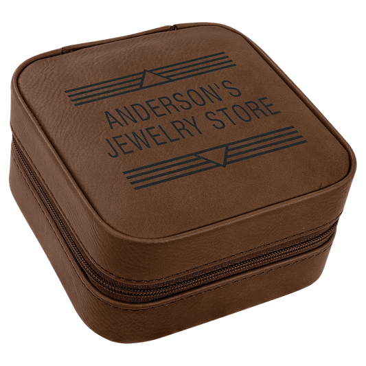 Dark Brown 4" X 4" Laserable Leatherette Travel Jewelry Box with Tan Lining