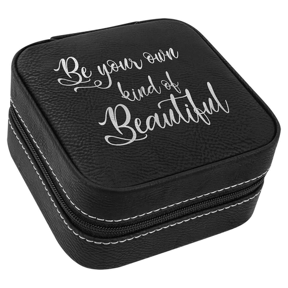 Black/Silver 4" X 4" Laserable Leatherette Travel Jewelry Box with Tan Lining