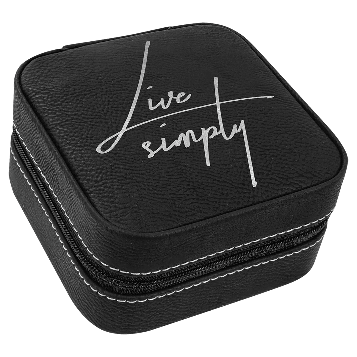 Black/Silver Laserable Leatherette Travel Jewelry Box with Black 4" X 4" Lining