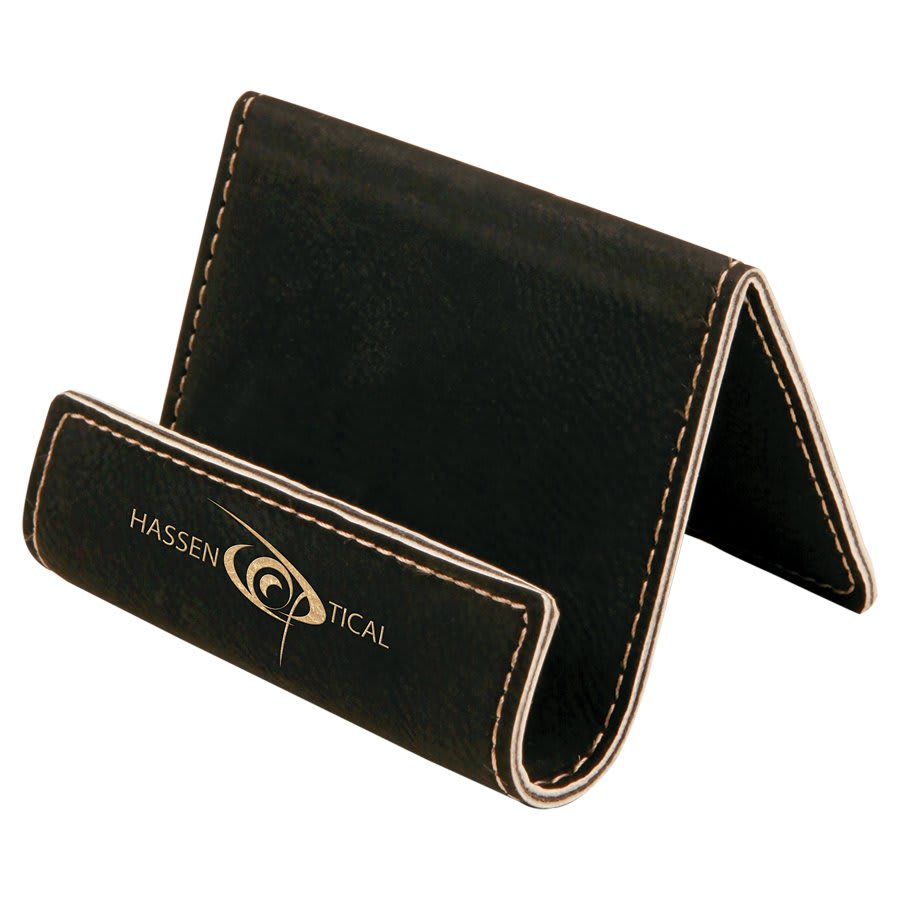 Black/Gold 3 1/2" x 2 1/2" Laserable Leatherette Holder Easel