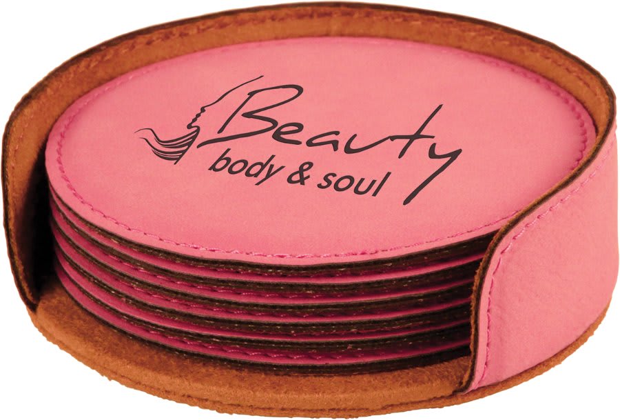 Pink 4" Round Laserable Leatherette 6-Coaster Set