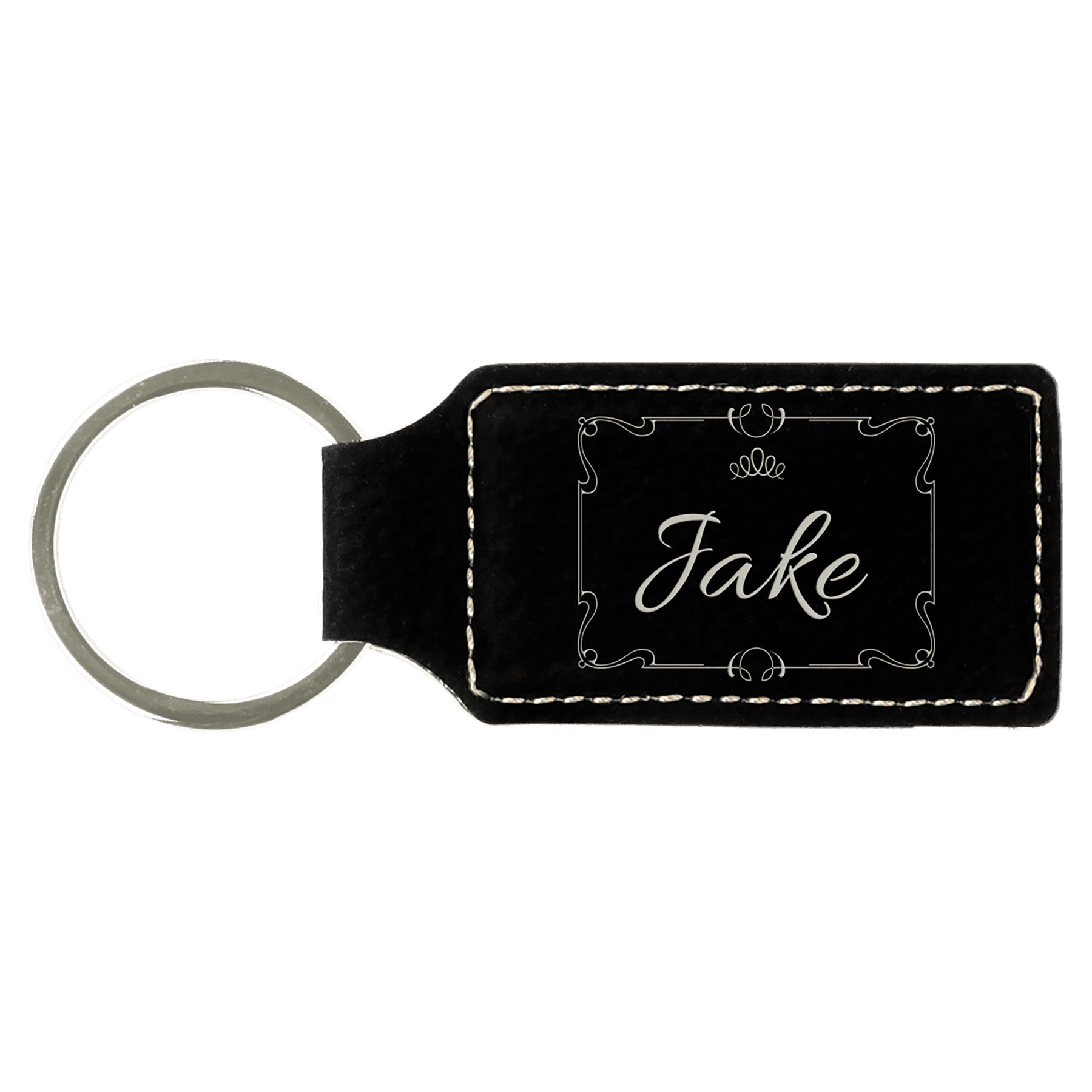 Black/Silver 2 3/4" x 1 1/4" Laserable Leatherette Rectangle Keychain