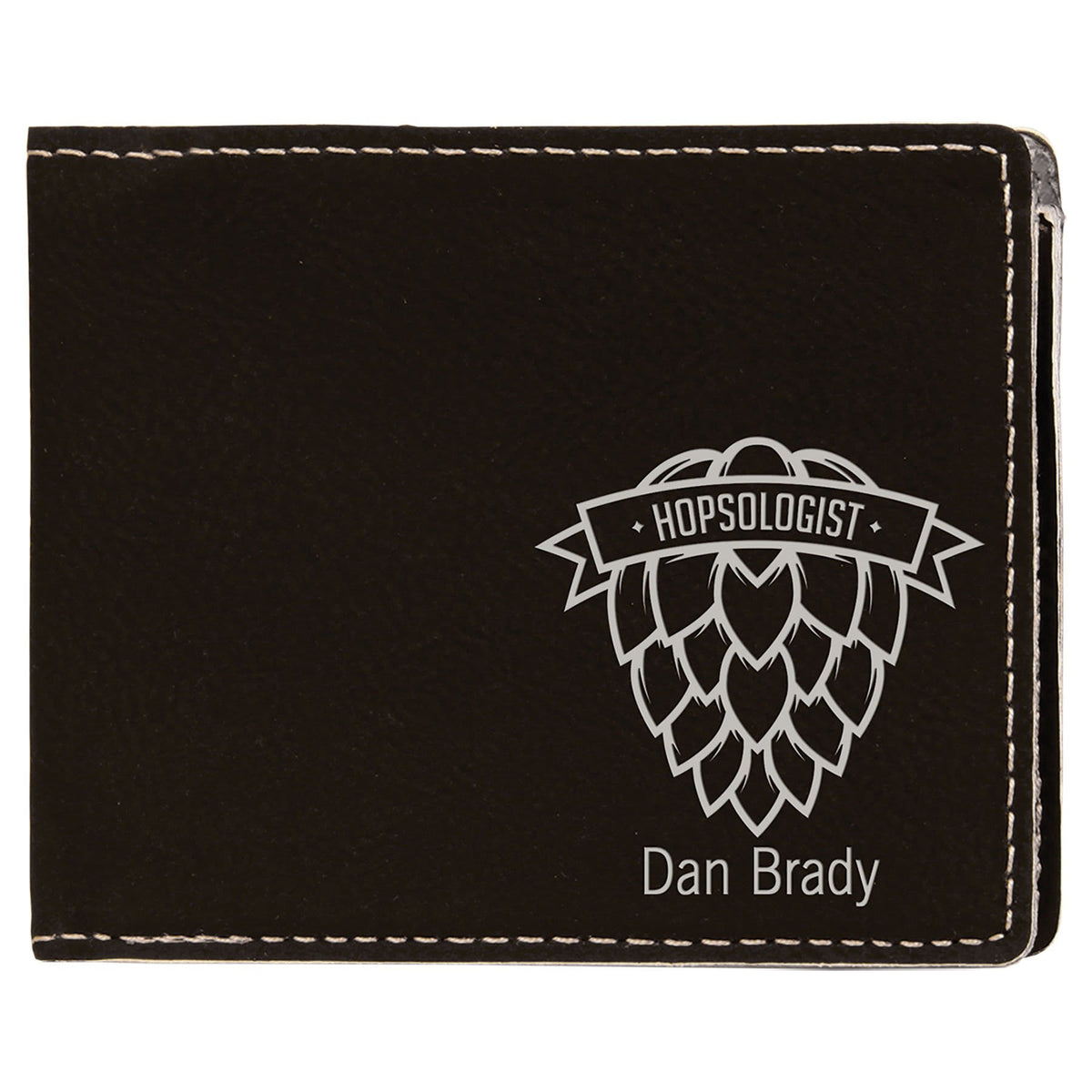 Black/Silver 4 1/2" x 3 1/2" Laserable Leatherette Bifold Wallet