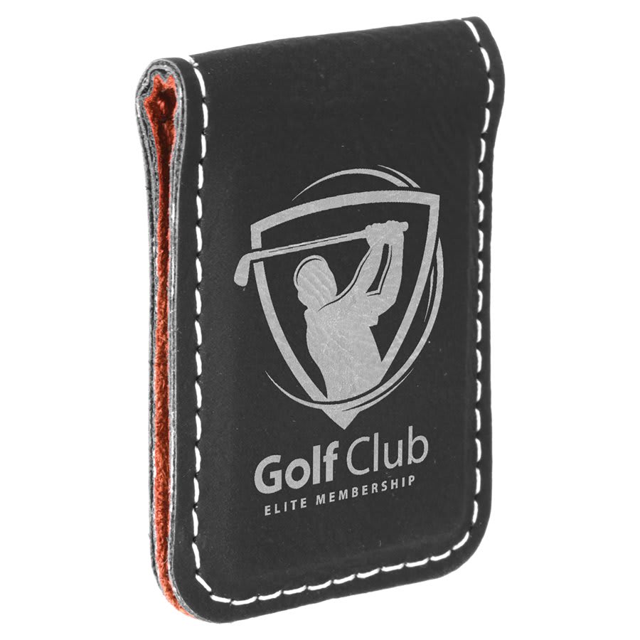Black/Silver 1 3/4" x 2 1/2" Laserable Leatherette Money Clip